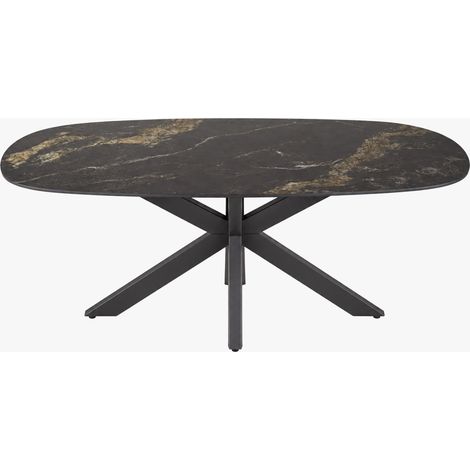 Mobilier Deco – Table à manger ovale en céramique noir et doré – Piètement en acier noir – Plateau résistant aux rayures et à la chaleur – Design contemporain (1/5)