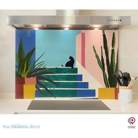 Fond de hotte : Chat, cactus et couleurs 4, Peinture - Verre trempé - 60 cm - 45 cm (1/5)