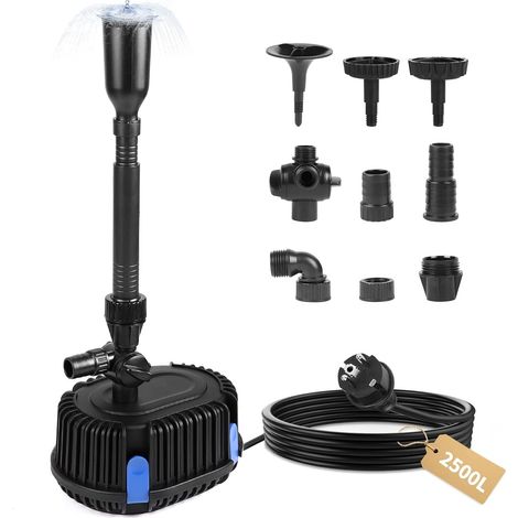 Pompe pour Fontaine Extérieure Jardin 2500L/H 2,7 M, Pompe de bassin 45W avec Câble 10 M, Pompe à Filtre Submersible, Pompe à eau pour Koï, Étang, Ruisseau, Débit Réglable (1/5)
