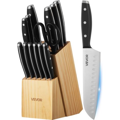 Set Couteaux Cuisine avec Bloc et Aiguiseur 15PCs, Bloc de Couteaux Tranchants en Inox à Haute Teneur en Carbone, Coutellerie de Cuisine avec Manche Ergonomique, pour Cuisinier Amateurs (1/5)