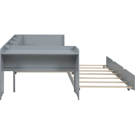 Cama infantil 90 x 200 cm gris con cama nido, escritorio y 3 estantes MODENUIT (1/5)