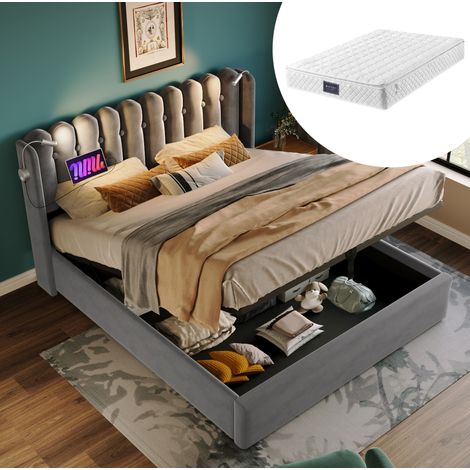 Bett mit Stauraum Samt Grau 140x200 cm, mit Lattenrost, USB-Ladefunktion und Leselicht (1/5)