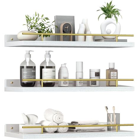 Etagère Murale Bois, Lot de 3 Étagères Salle de Bain, Cuisine, Salon/Bureau, Style Minimaliste, Résistant à l'Humidité, Sécurité Renforcée (1/5)