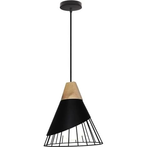 Suspension Luminaire Industrielle Vintage Lampe Plafonnier Bois Métal Design pour Salon Chambre Restaurant (1/4)