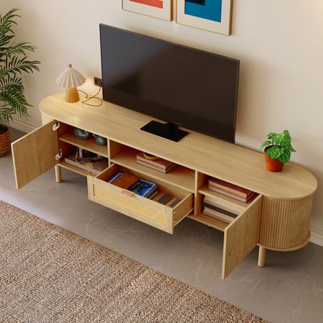 Mueble TV 175x36x51 cm natural MDF con cajón de ratán, puertas curvas y pasacables (1/5)