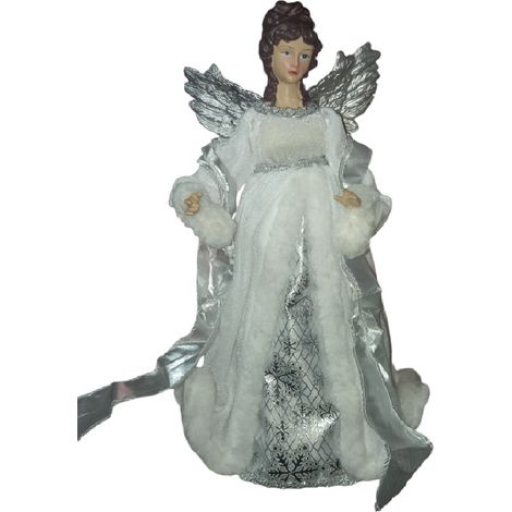 Angelo Decorativo in Tessuto Bianco e Argento puntale per albero di natale h 40  vestito Elegante Pelliccia e Ricami Argentati (1/4)