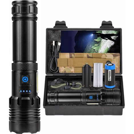 Ultrastarke LED-Taschenlampe, 100.000 Lumen, wiederaufladbare LED-Taschenlampe, lange Lebensdauer, 7 Modi und IPX6 wasserdichte taktische Taschenlampe, ideal für Camping, Wandern, Angeln, Notfall
