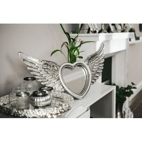 Heart Shaped Angel Wing Mirror, Large Rustic Silver Mirror with Distressed Feathered Angel Wings - Vintage Retro Shabby Chic Style Wall Mounted Freestanding Vanity Mirror for Living and Bedroom Orname (1/5)