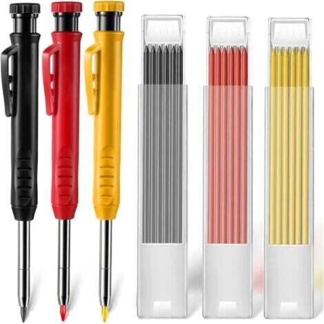 Ensemble de crayons de charpentier 3 pièces – Crayon à trou profond avec taille-crayon – 18 cartouches de remplacement – Pour marquage précis sur métal, bois, verre (1/5)