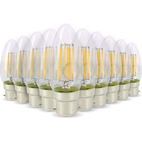 Lot de 10 ampoules LED flamme filament 4W équivalent 40W, culot B22, lumière chaude 2700K, blanc cosy, décoration intérieure. (1/4)