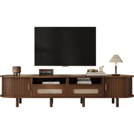 Meuble TV ovale 170x40x40 cm, 2 tiroirs en rotin design, 2 portes coulissantes, pour téléviseur jusqu’à 70 pouces, noyer