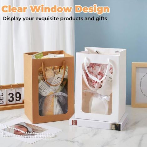 Sacs Cadeau - Kraft - Fenêtre Transparente - 15x10x20 cm - Pour Anniversaire Mariage Fête - Lot de 10 (1/5)