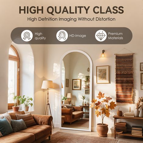 Miroir sur pied galbé, cadre bois blanc, 160x50 cm, pied métallique ajustable, reflet précis, emballage solide, idéal maison et local commercial. (1/5)