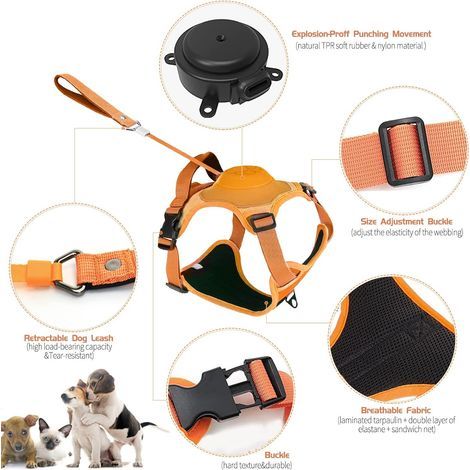 Harnais pour chien avec laisse rétractable intégrée, harnais anti-traction avec gilet rembourré doux et ajustable, verrouillage automatique pour chien de 1,28 m (L)