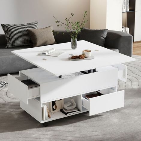Table basse relevable - SOGEU - 100x50x52 cm - Hauteur réglable - 4 tiroirs - Roulettes avec freins (1/5)