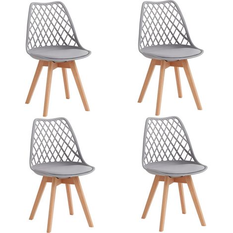 Wokaka Confezione da 4 sedie - Sedie da pranzo - Scandinave - Schienale a rete - Cuscino seduta in pelle (Grigio)