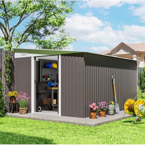 Metall-Gartenhaus 8,9 m² mit Pultdach und Schiebetür, grau HAVRYA (1/3)