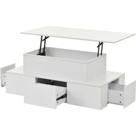 Table basse blanche laquée 100x50x40 cm avec LED et 4 tiroirs, plateau relevable avec espace de rangement (1/5)
