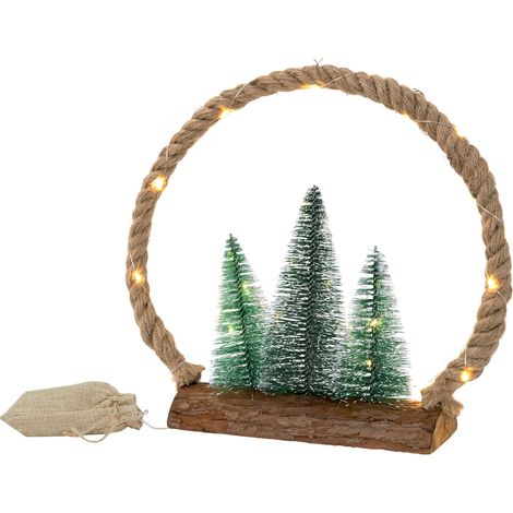 ECD Germany LED Jute Kreis mit LED-Beleuchtung 34x30x7,5 cm, Deko Weihnachtskreis aus Seil mit 30 warmweißen LEDs, 3 Tannen, Jutesäckchen, Batterien, Timer, Weihnachtsbeleuchtung Weihnachtsdeko Innen