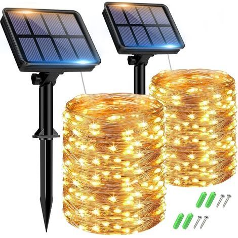 Lot de 2 Guirlande Solaire,150LED,15+2M,Cuivre,Étanche,8 Modes,Jardin Terrasse Noël (1/5)