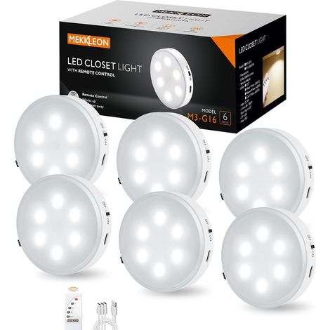 Éclairage d'armoire sous la cuisine avec télécommande,Éclairage de vitrine sans fil,Rechargeable par USB,6Pack d'éclairage LED avec pastilles adhésives pour chambre à coucher (Cool White-6PCS) (1/5)