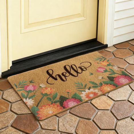 Paillasson intérieur ou extérieur, 60 x 40 cm, en fibre de coco synthétique avec poils épais, paillasson décoratif coloré à motif de fleurs de printemps à l'intérieur, tapis de bienvenue (1/5)