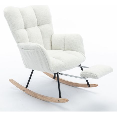 Fauteuil à bascule tissu teddy, structure bois métal, repose-pieds pliable (1/5)
