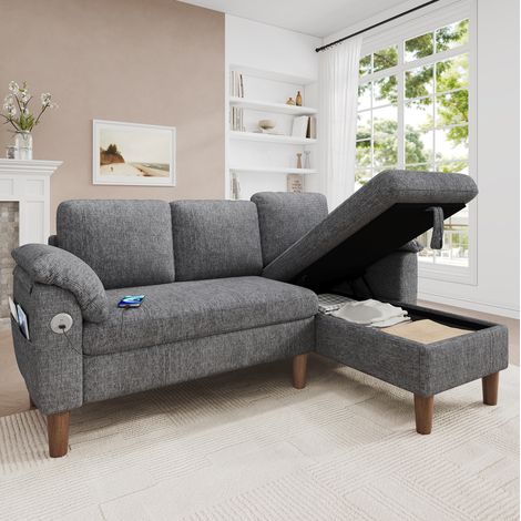 Sofá de esquina en L 181x125x88 cm de chenilla gris claro, almacenaje y USB – MEUBLIV (1/5)