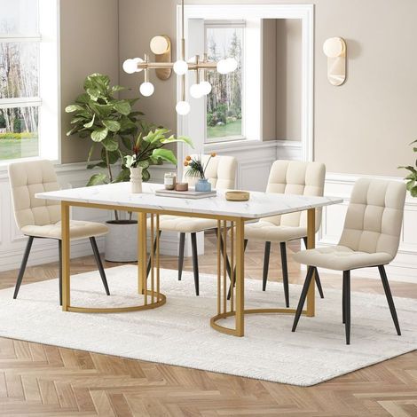 Ensemble table et 4 chaises salle à manger 140x80 cm, plateau effet marbre blanc, chaises velours beige, pieds métal doré (1/5)