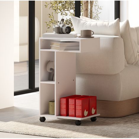 Tavolino laterale a C con ruote e 4 scomparti, bianco, OKWISH (1/5)