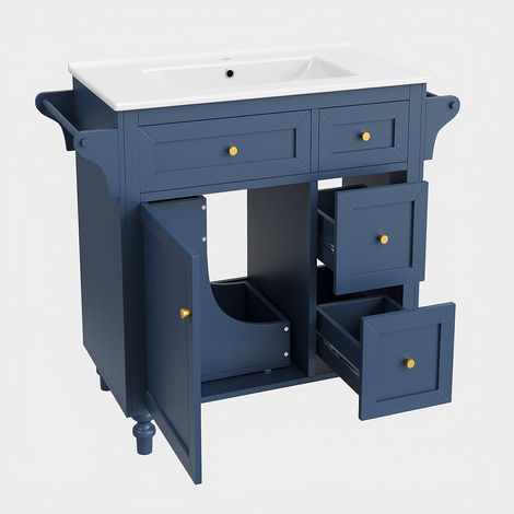 Meuble-lavabo 86 cm, lavabo céramique lisse, tiroirs coulissants, porte-serviettes, pour salle bain (1/5)