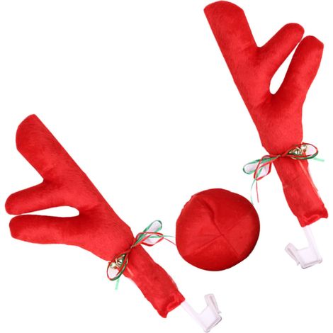 Set 2 Cornes de Renne pour Voiture avec Nez Rouge et Grelots, Déco de Noël Amusante pour Auto, Rouge (1/5)