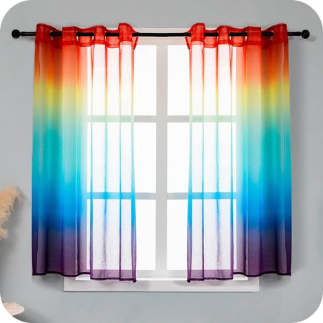 Paire de rideaux voile semi-transparents, couleur dégradée, arc-en-ciel pour salon, chambre, cuisine, intérieur, 2 panneaux avec œillets 140 x 138 cm (1/5)