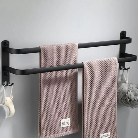 Toallero negro de aluminio de 40 cm con dos ganchos para montaje en pared en el baño, no requiere taladrar - Crezuo