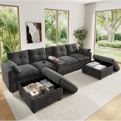 Sofá esquinero modular de 6 plazas, 316 x 140 x 84,5 cm, con consola central, espacio de almacenamiento, USB/Tipo C, chenilla - gris (1/5)