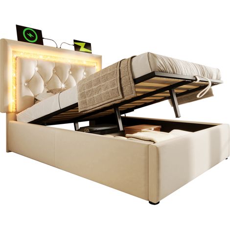 CHICFURN Lit capitonné 90x200 cm en velours beige avec LED, station USB Type-C, coffre hydraulique, sommier à lattes, tête de lit diamant, sans matelas (1/5)