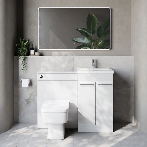 Napoli 390 Cento Gloss White 1100mm 2 Door Vanity Unit Toilet Suite with Glide Basin - 1100mm - Chrome 160mm HandleWith Kingston Toilet Pan and Seat