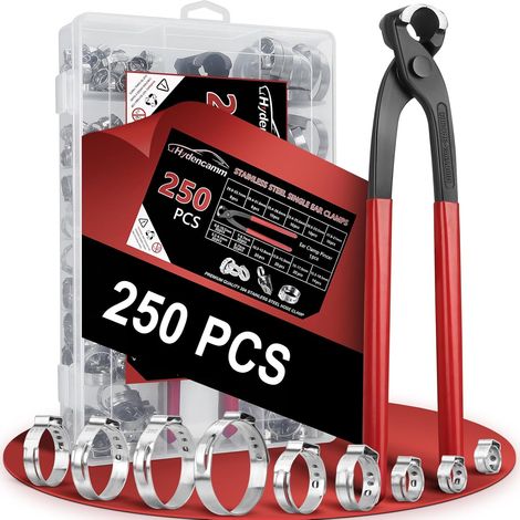 250PCS 14 Sizes Single Ear Tube Clamp, 5.3-33.1mm 304 Stainless Steel Ear Clamp Kit with Ear Clip, Stepless Tube Clamps (1/5)