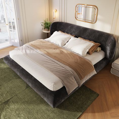 Lit 160x200 avec sommier à Lattes et tête de lit, Lit Double d'adolescent avec Coins arrondis et Mousse hautement élastique, Cadre en Bois Chenille Gris(sans Matelas) (1/5)