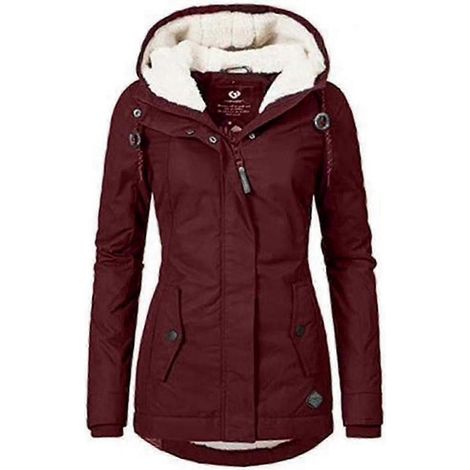 Warmer und wasserdichter Wintermantel mit Kapuze, dickem Fleecefutter, aus Baumwolle für Damen (XL rot)