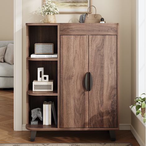 Mobile porta scarpe stretto 80 x 32 x 99 cm, con vani aperti e piano, noce (1/5)