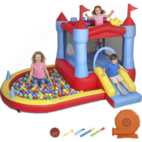 Château gonflable avec souffleur, aire de jeux gonflable avec toboggans, trampoline, piscine à balles, multicolore (1/5)