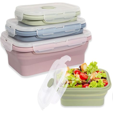 BOED 3-teiliges faltbares Lunchbox-Set mit Deckeln, Silikon-Lebensmittelbehälter, faltbare Lebensmittelbehälter für Camping, Picknicks und Küche