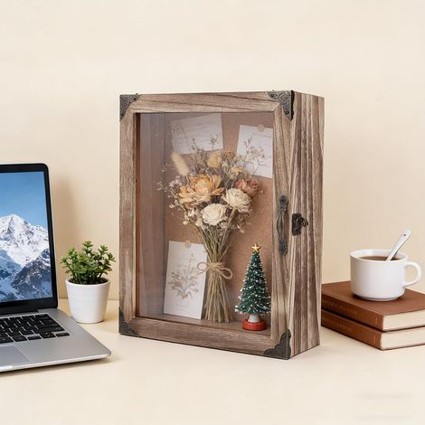 Cadre de boîte d'ombre, 28x33x12cm Shadowbox Vitrine Cadre Photo Couvercle à Charnière Style Rustique Idéale pour Présenter Fleurs de Mariage Médailles et Autres Souvenirs, Tan (1/5)