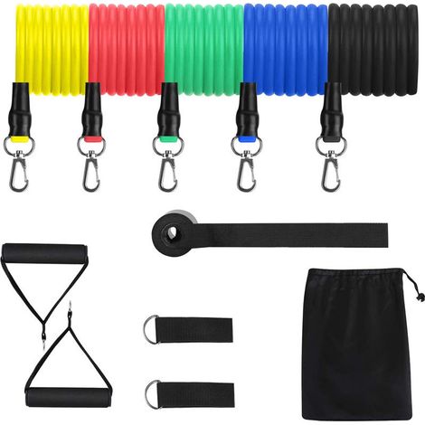 (11-Piece) Elastic Fitness Set, Resistance Band Set, Elastic Fitness Bands Muscle 5 bandes élastiques de fitness, plus des poignées, des ancres de porte et des sangles pour les pieds (1/5)