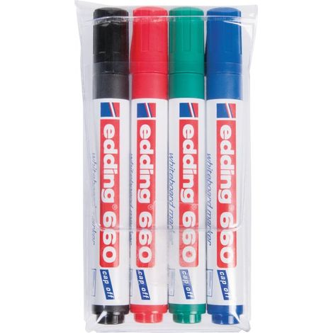 Edding – Étui de 4 marqueurs pour tableaux blancs – Encre pigmentée faible odeur – Capacité à rester ouvert sans sécher – Rangement de bureau