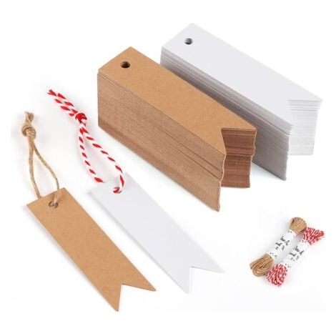 200 Kraftpapier-Etiketten, 7 × 2 cm, weiß und braun, Geschenkanhänger mit natürlicher Juteschnur (20 m) und roter Baumwollkordel für Hochzeitsgeschenke und festliche Bastelprojekte
