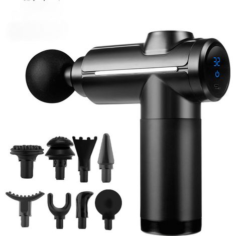 Pistolet de massage pour tissus profonds, masseur à percussion musculaire, 32 vitesses, avec écran tactile LCD, 8 têtes pour la relaxation des épaules, du corps, du dos, noir