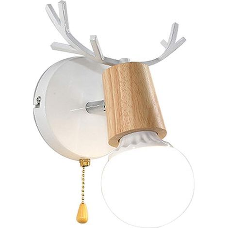 Nordique Moderne Conception Deer Antlers Forme Applique Murale En Bois avec Tirette Chaîne Commutateur Chambre de Lecture Applique Murale Chambre E27, Sans ampoule (1/5)