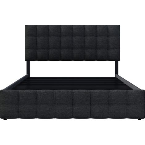 Lit rembourré avec 4 tiroirs, lit double avec sommier à lattes, lit avec rangement, tête de lit réglable en hauteur et design de couture carré, support de lattes en métal, matière lin (140200 cm, noir (1/5)